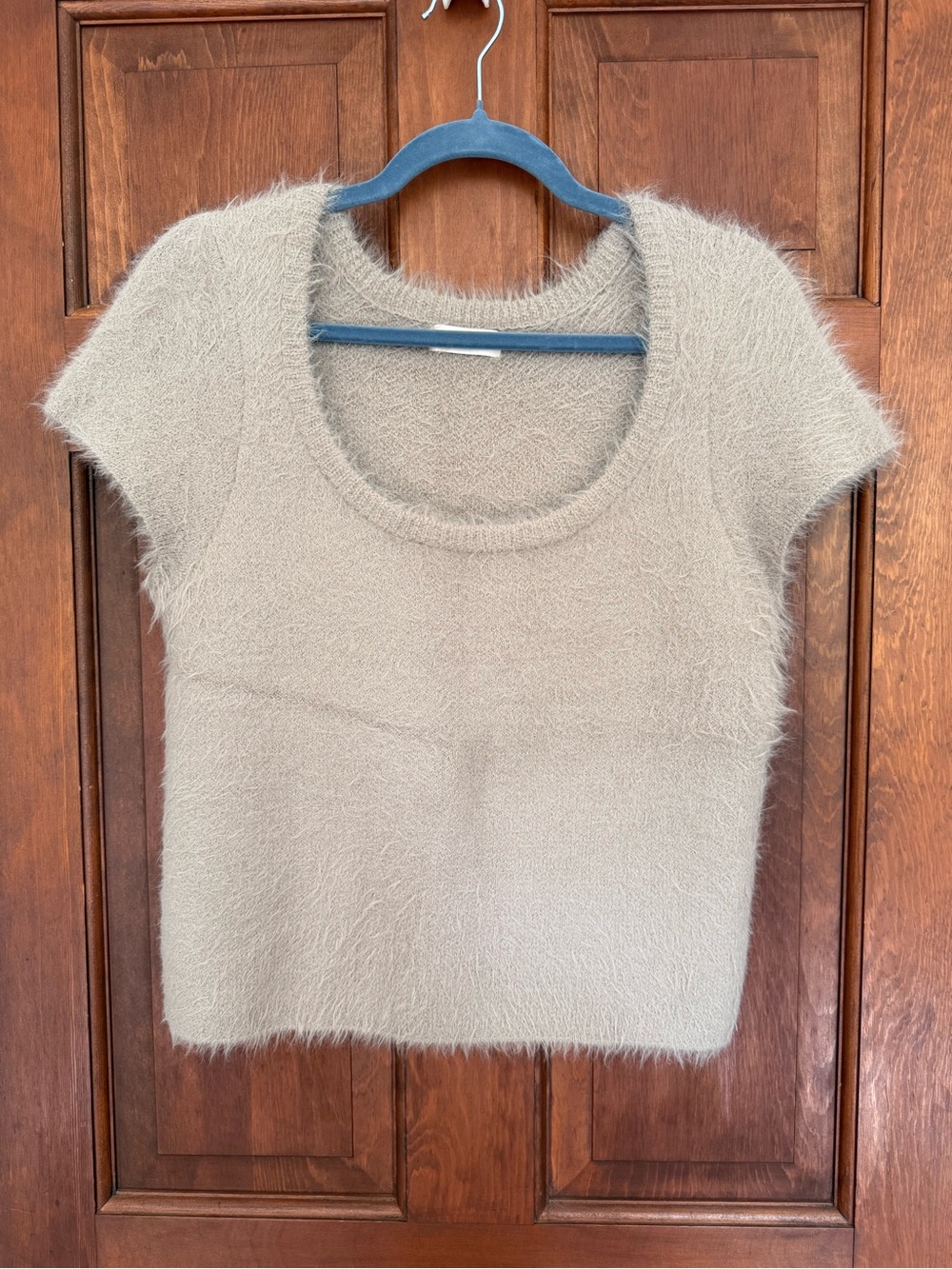 SO Fuzzy Taupe Short Sleeve Scoop Neck Sweater Top XL